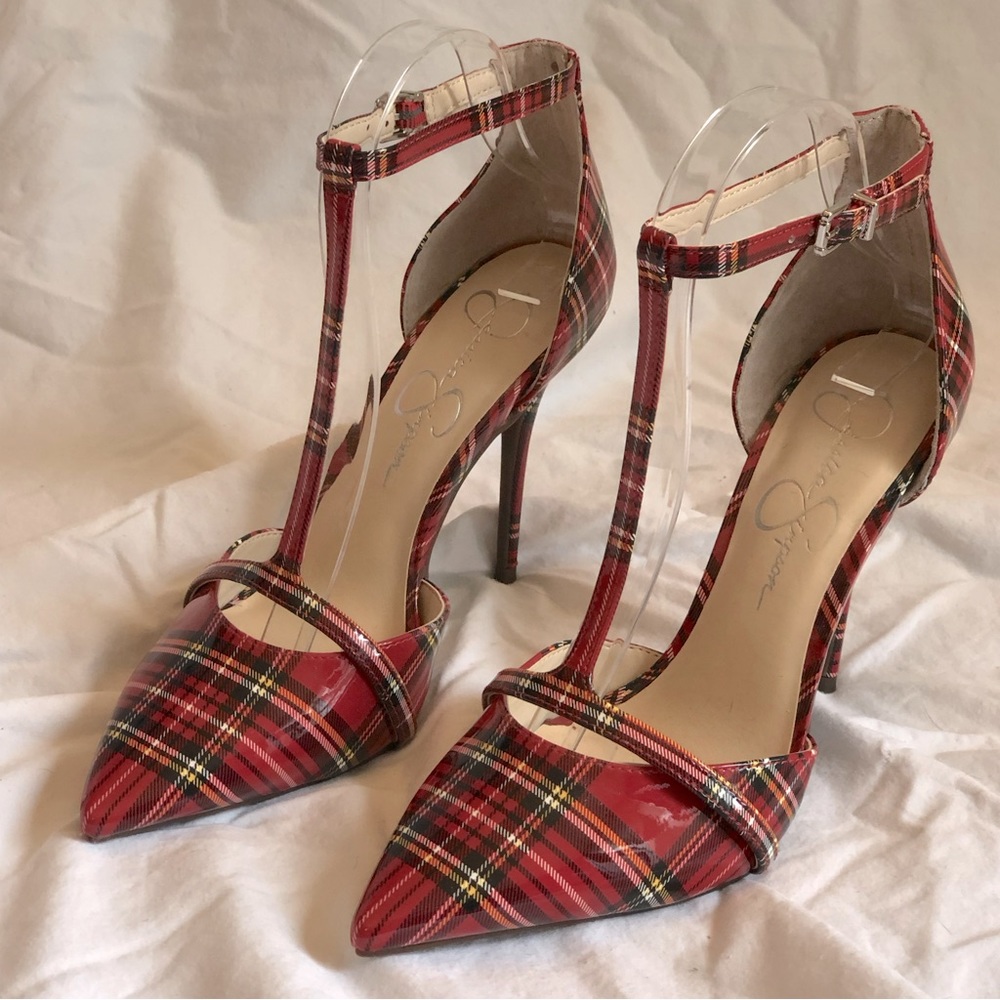JESSICA SIMPSON Wilrou Plaid Patent T-Strap Heels